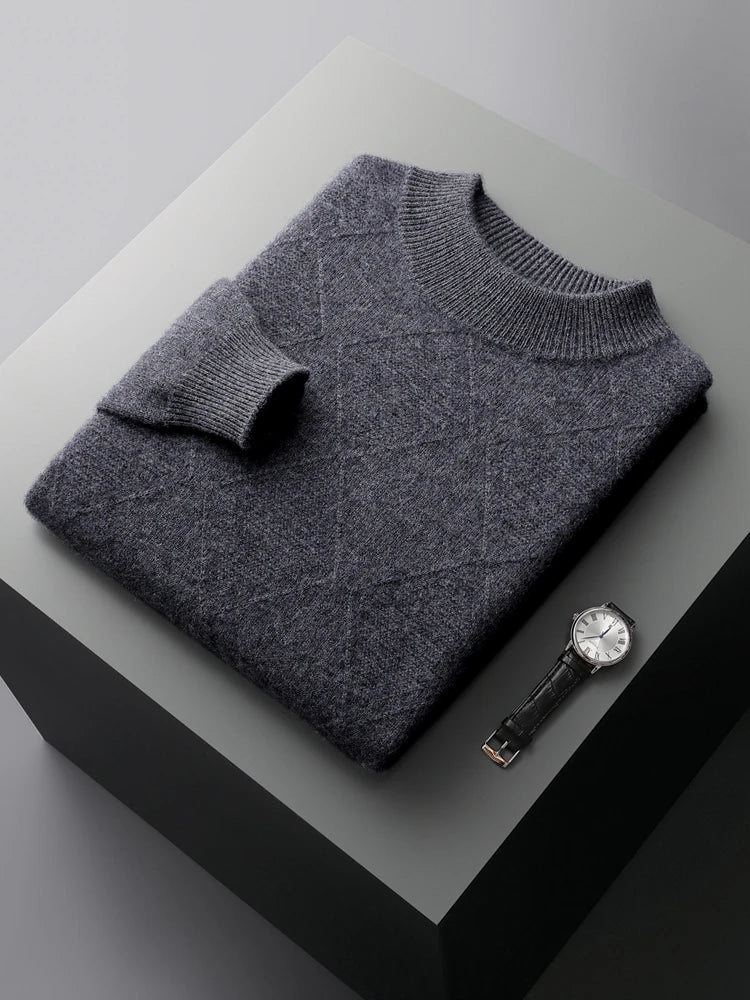 Men’s cashmere sweater in Davy Grey, with diamond-striped front motif and mock neck, in 100% Alashan Cashmere — From Borcelleclothes.