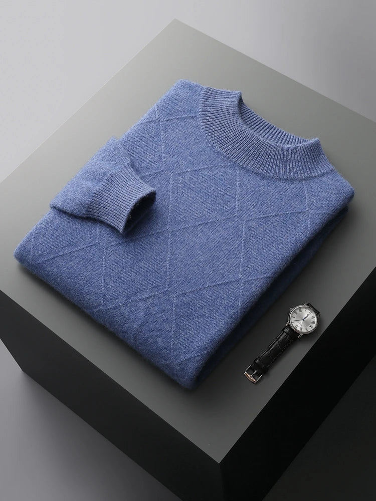 Men’s cashmere sweater in Dusky Blue, with diamond-striped front motif and mock neck, in 100% Alashan Cashmere — From Borcelleclothes.