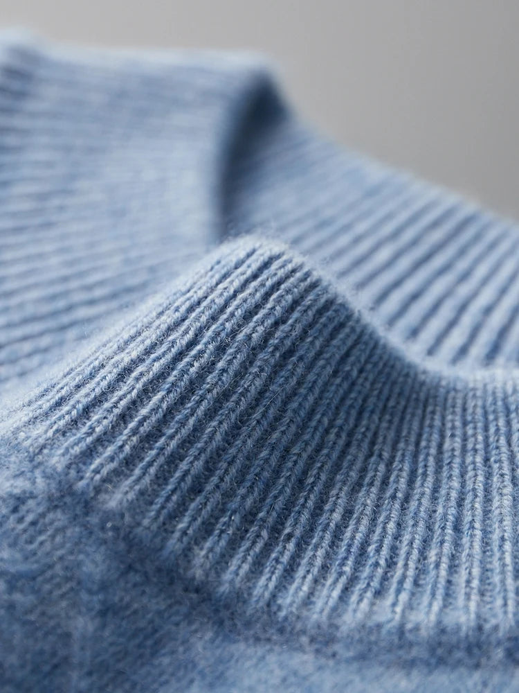 Ribbed collar of the Rock Blue men’s sweater in textured diamond pattern — From Borcelleclothes.