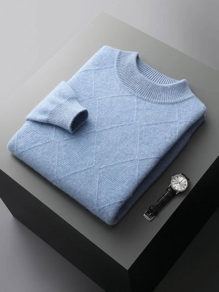 Men’s cashmere sweater in Rock Blue, with diamond-striped front motif and mock neck, in 100% Alashan Cashmere — From Borcelleclothes.