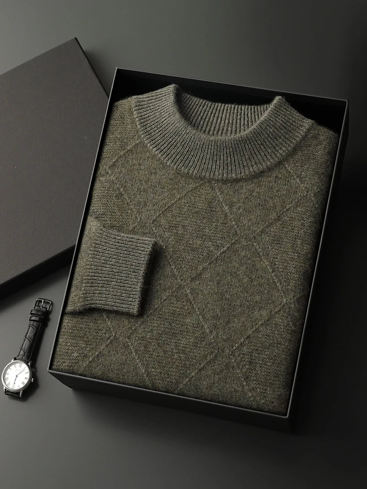 Men’s cashmere sweater in Serpentine, with diamond-striped front motif and mock neck, in 100% Alashan Cashmere — From Borcelleclothes.