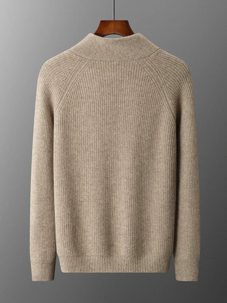 Back view of the men’s cashmere sweater in Dark Vanilla with natural draping — From Borcelleclothes.
