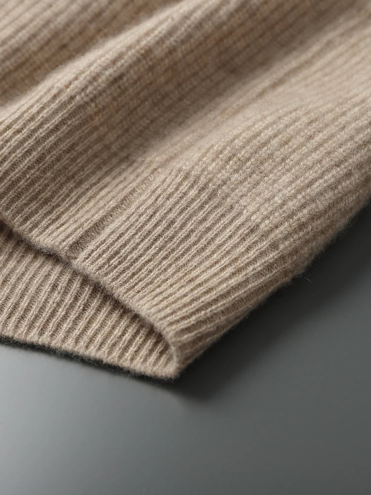 Side seaming and hem detail of the men’s Dark Vanilla cashmere sweater — From Borcelleclothes.