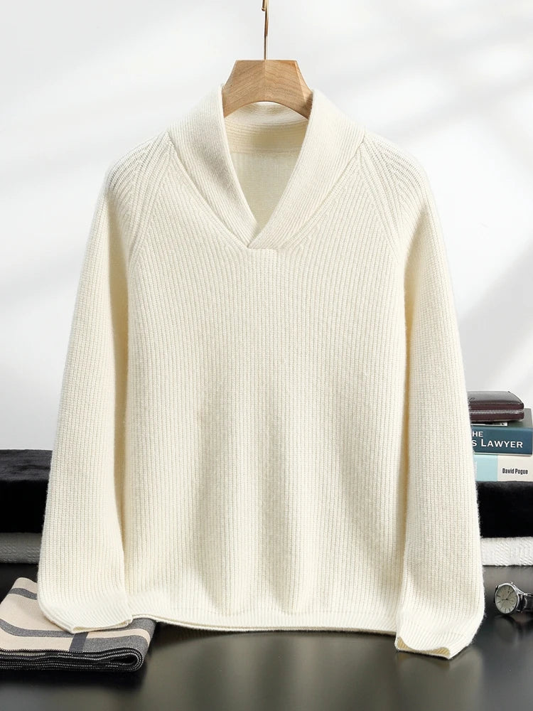 Front view of the men’s cashmere sweater in White Coffee with smooth draping — From Borcelleclothes.