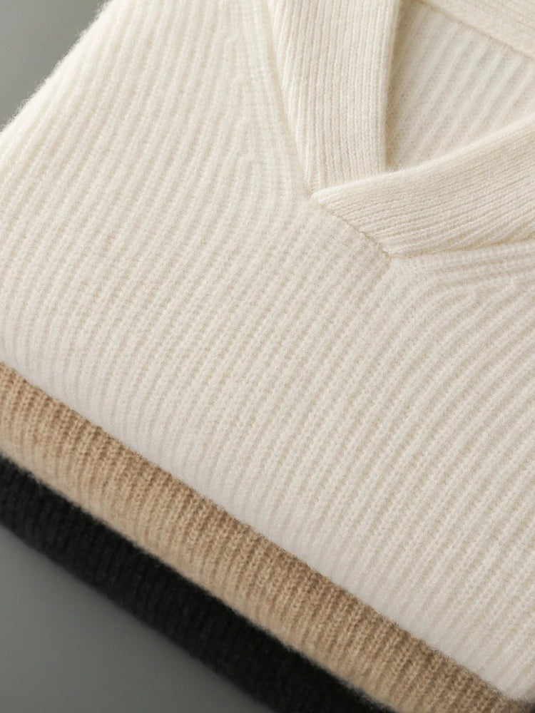 Stacked display of all available color variants of the men’s cashmere sweater — From Borcelleclothes.