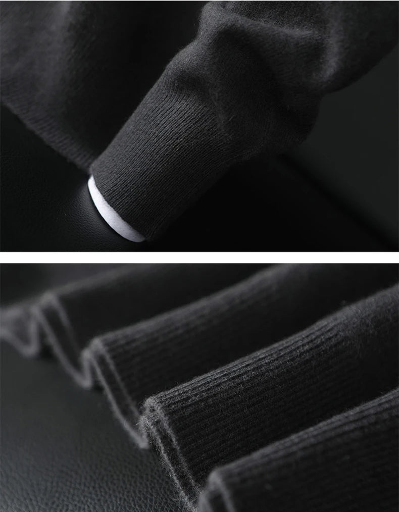 Men’s cashmere sweater in Charcoal Grey, cuff and hem collage — From Borcelleclothes.