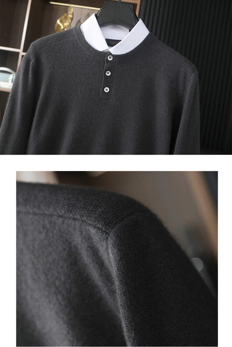 Men’s cashmere sweater in Charcoal Grey, collage showing shoulder texture and upper part — From Borcelleclothes