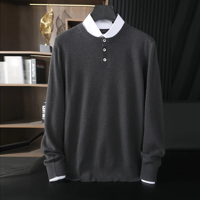 Men’s Grade A Cashmere Sweater in Charcoal Grey, with placket detail and textured shoulder panels, slim fit, shown layered with shirt — From Borcelleclothes.
