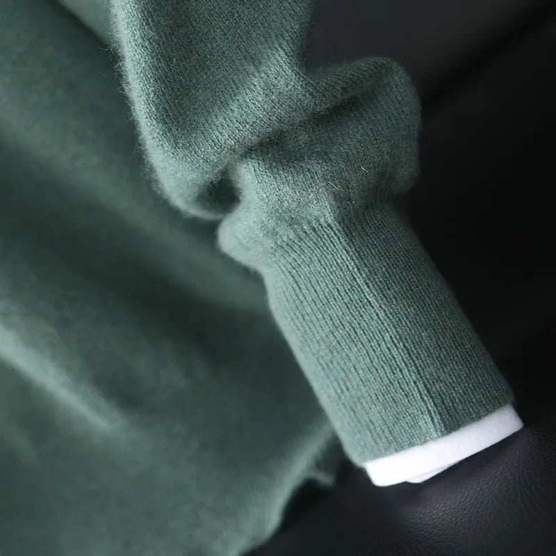 Men’s cashmere sweater in Opal, close-up of ribbed cuff — From Borcelleclothes.
