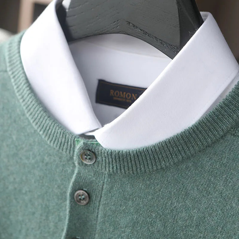 Men’s cashmere sweater in Opal, crew neckline with placket detail — From Borcelleclothes.