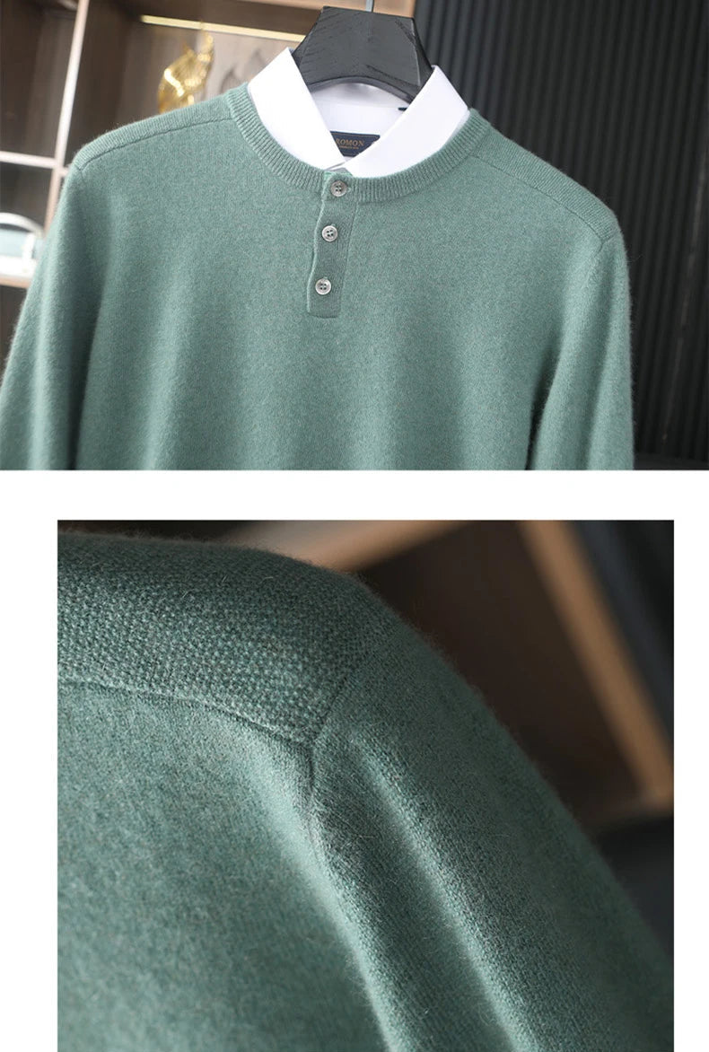 Men’s cashmere sweater in Opal, collage showing upper part and textured shoulder panel — From Borcelleclothes.