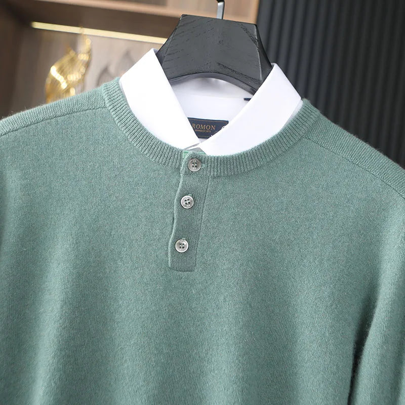Men’s cashmere sweater in Opal with placket detail, shown layered with shirt, upper part with visible shoulder panels — From Borcelleclothes.