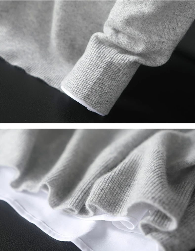 Men’s cashmere sweater in Silver Sand, collage with ribbed cuff and bottom hem — From Borcelleclothes.