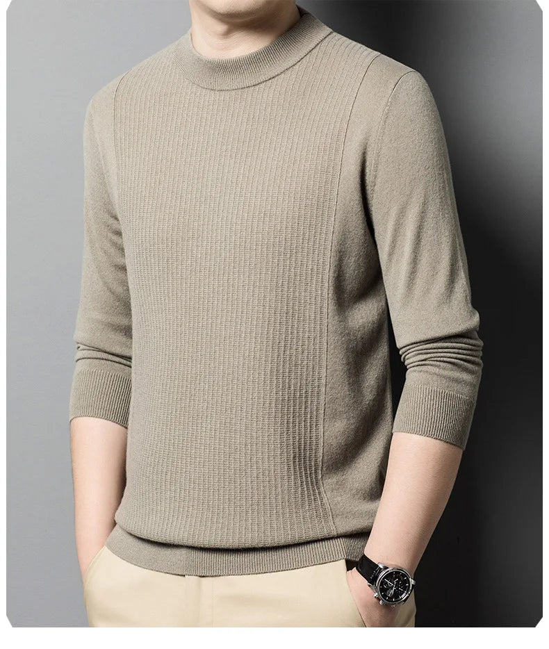 Model wearing the Bronco vertical ridge cashmere sweater with hands in pants pockets – From Borcelleclothes.