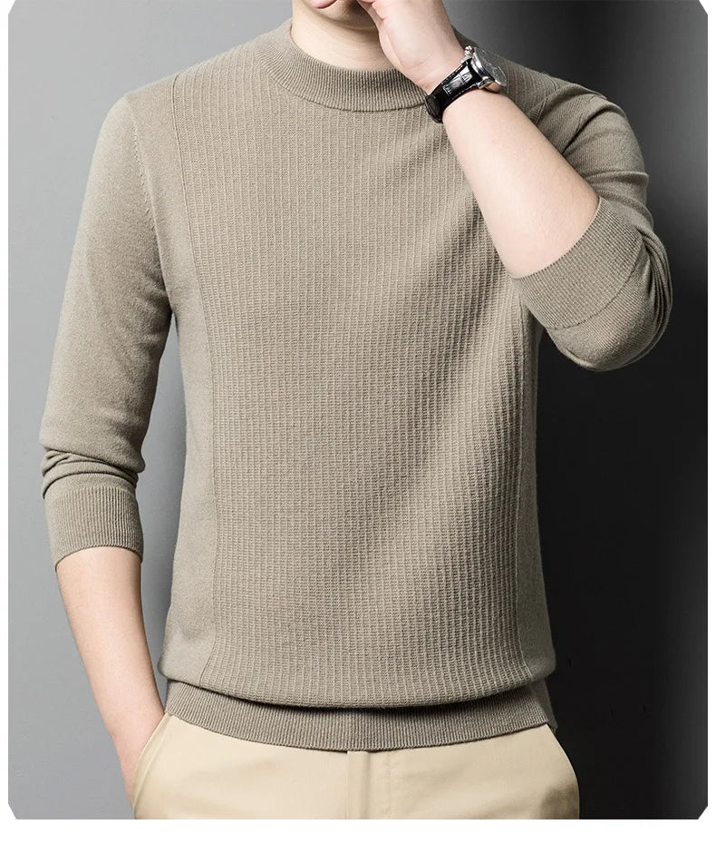 Model in Bronco vertical ridge cashmere sweater touching lips – From Borcelleclothes.