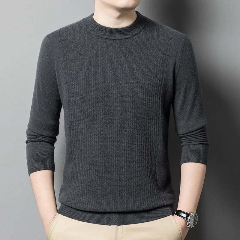 Men’s cashmere sweater in Davy Grey, with mock neck and wide textured front panel with vertical ridges — From Borcelleclothes.