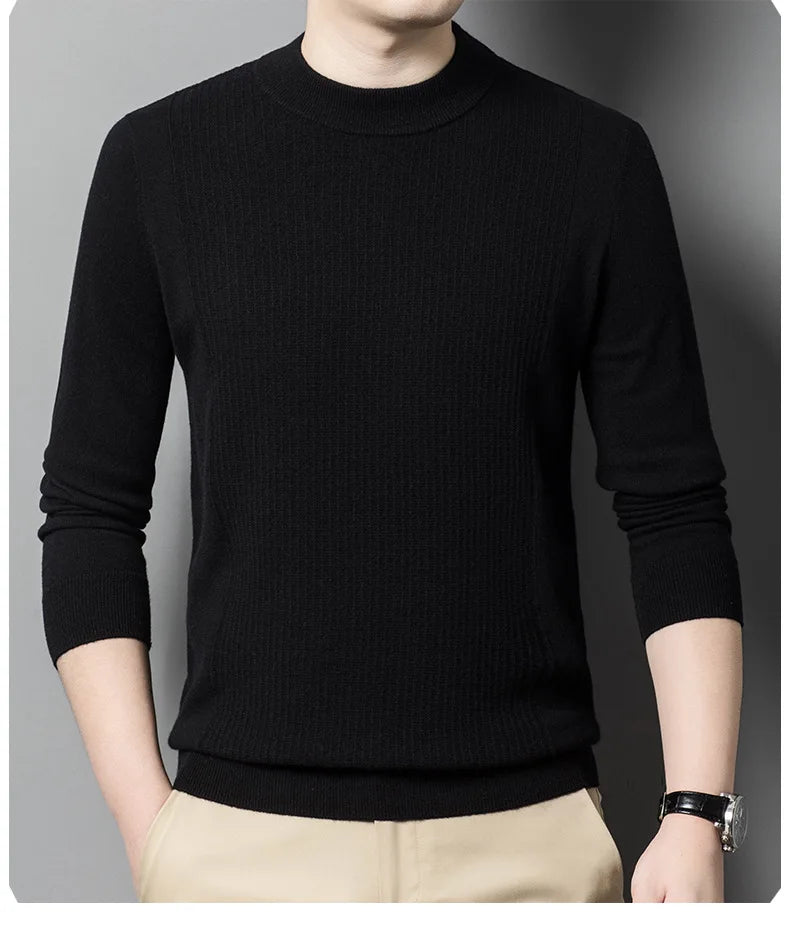 Model with hand in pants pocket wearing the Onyx vertical ridge cashmere sweater – From Borcelleclothes.