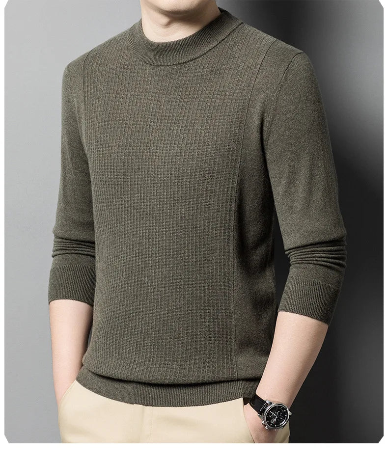 Serpentine vertical ridge cashmere sweater, model turned slightly to the side – From Borcelleclothes.