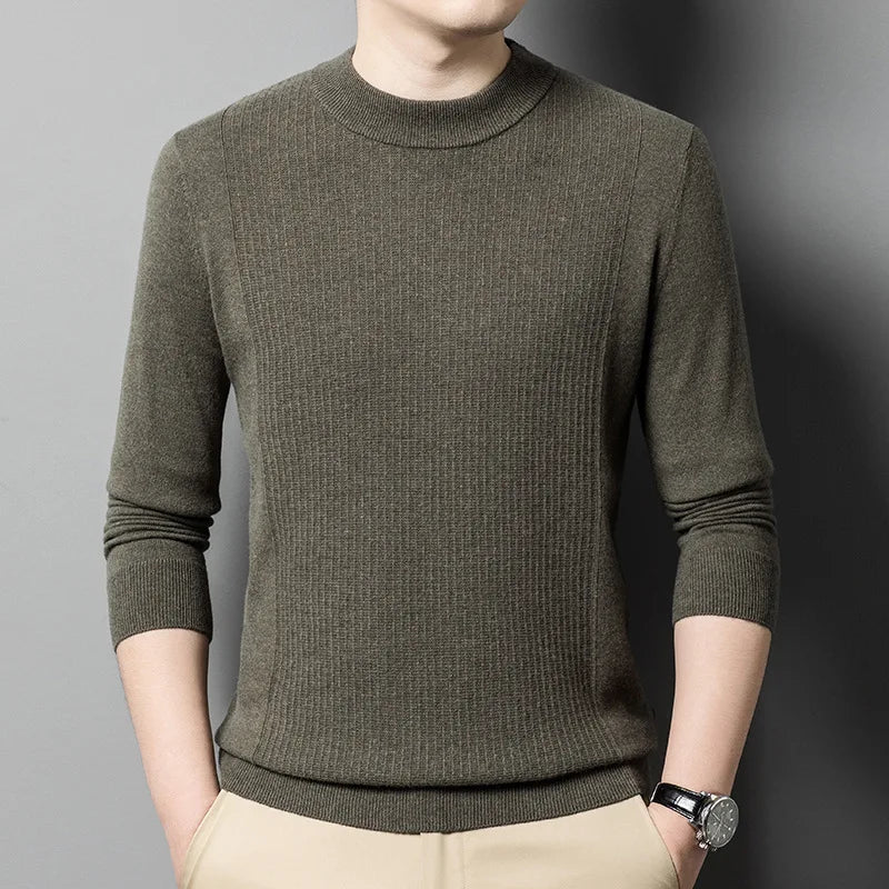 Men’s cashmere sweater in Serpentine, with mock neck and wide textured front panel with vertical ridges — From Borcelleclothes.