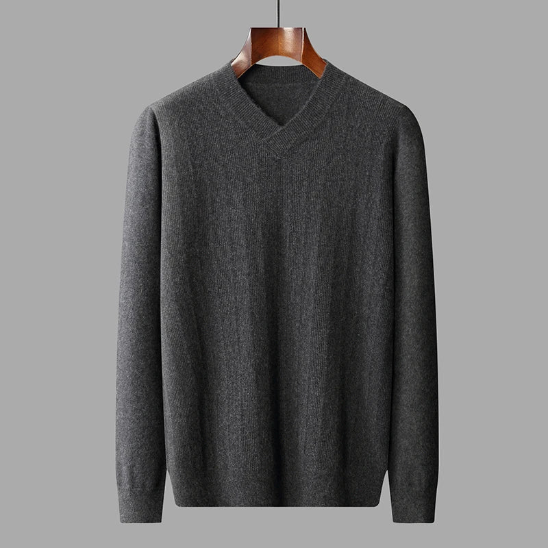 Men's Cashmere V-Neck Sweater in Davy Grey, crafted from 100% premium cashmere, featuring a wide wrapped hem, unique textured front, and stitched stripes for modern sophistication and timeless elegance. From Borcelleclothes.