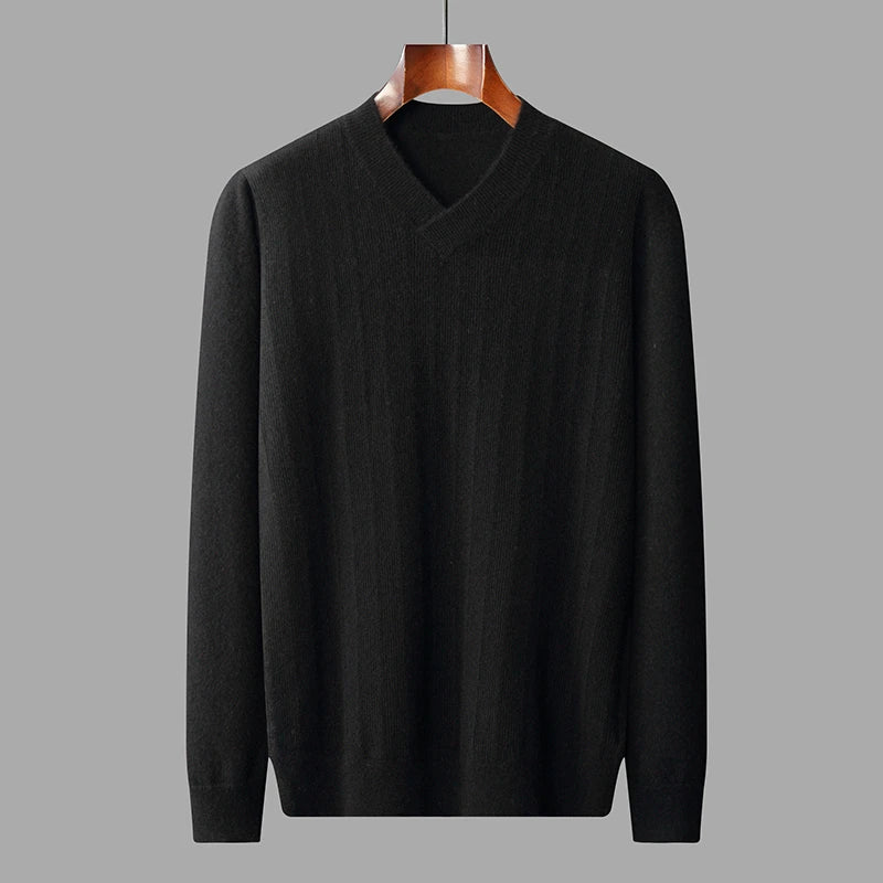 Men's Cashmere V-Neck Sweater in Onyx, crafted from 100% premium cashmere, featuring a wide wrapped hem, unique textured front, and stitched stripes for modern sophistication and timeless elegance. From Borcelleclothes.