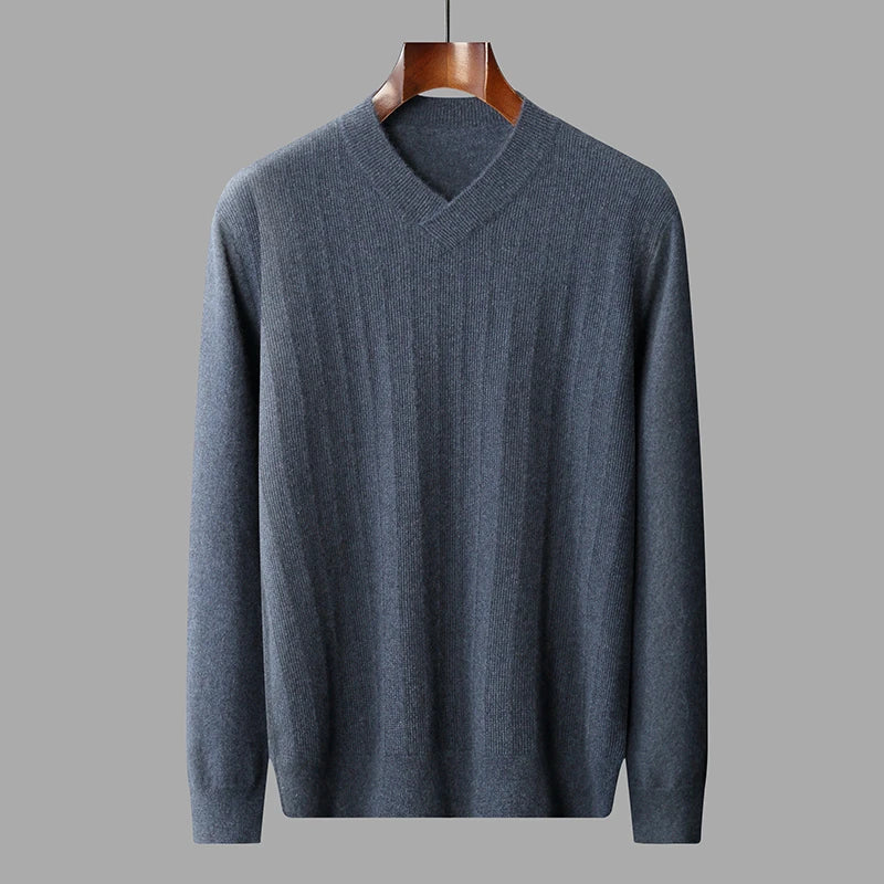 Men's Cashmere V-Neck Sweater in River Bed, crafted from 100% premium cashmere, featuring a wide wrapped hem, unique textured front, and stitched stripes for modern sophistication and timeless elegance. From Borcelleclothes.