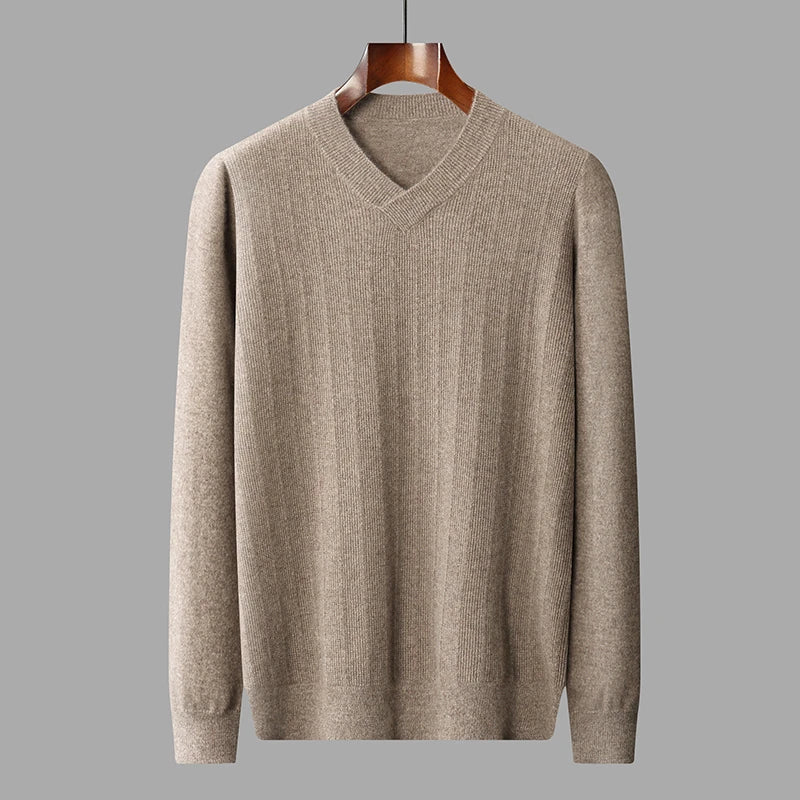 Men's Cashmere V-Neck Sweater in Sandrift, crafted from 100% premium cashmere, featuring a wide wrapped hem, unique textured front, and stitched stripes for modern sophistication and timeless elegance. From Borcelleclothes.