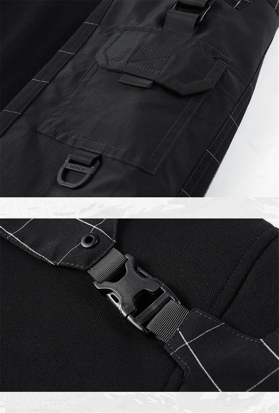 Collage of the sleeve pocket and fastened technical buckle on the Onyx men's compass sweatshirt. From Borcelleclothes.