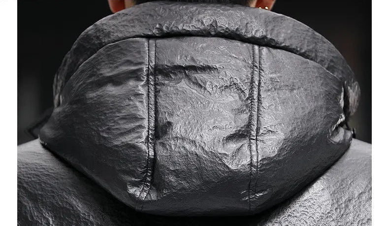 Rear hood structure of the Onyx jacket in compressed cowhide leather — From Borcelleclothes.