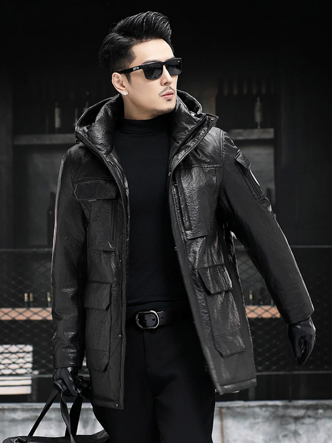 Man wearing a compressed cowhide jacket in Onyx, walking forward with relaxed stride — From Borcelleclothes.