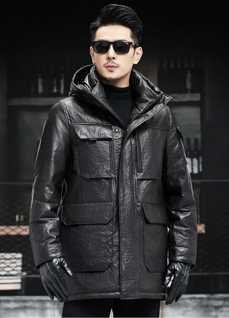 Frontal view of the Onyx men’s jacket in compressed cowhide, model standing straight — From Borcelleclothes.