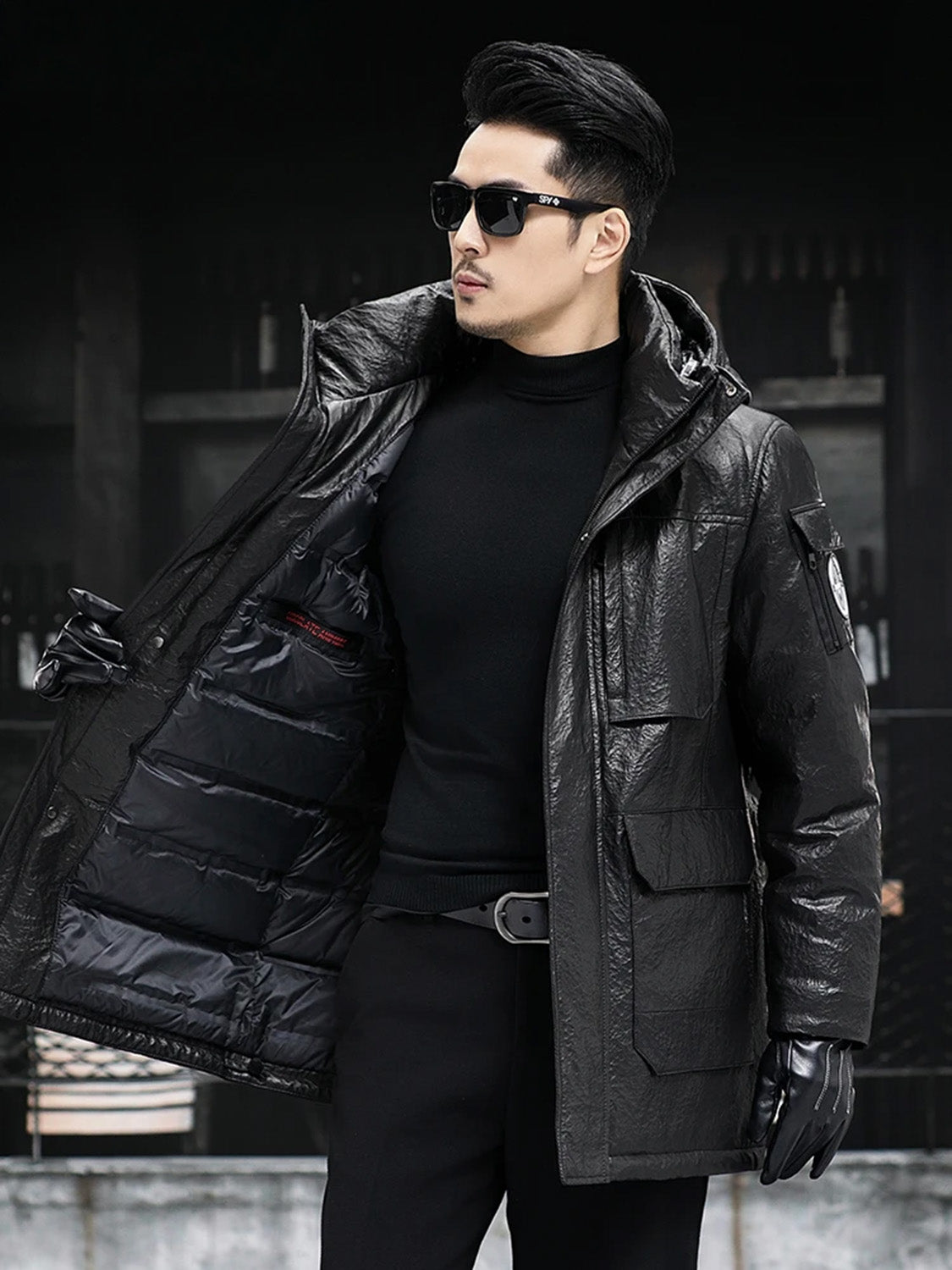 Onyx leather jacket unzipped to reveal smooth tonal lining — From Borcelleclothes.