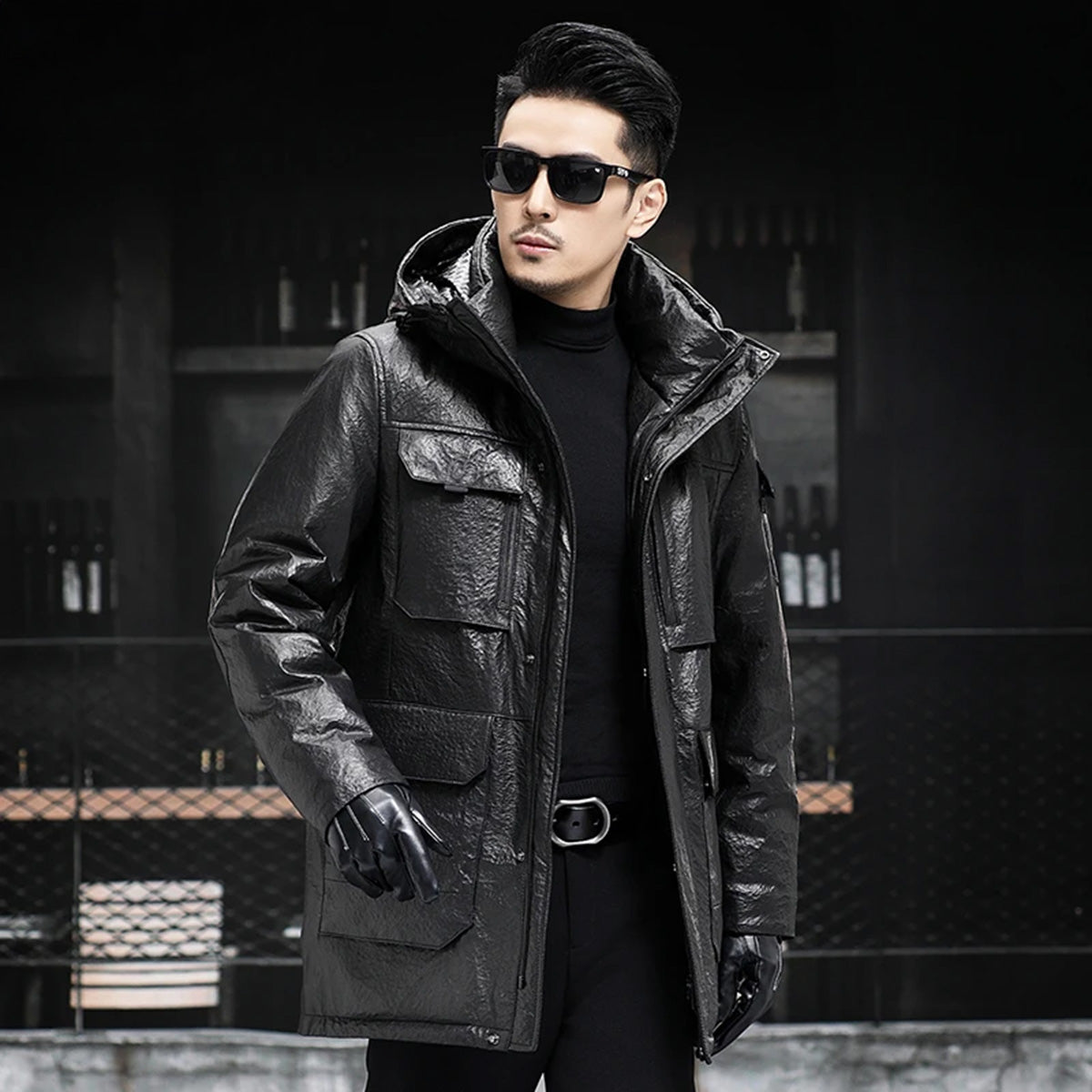 Men’s structured cowhide leather jacket in Onyx, featuring compressed surface texture, patch pockets, and concealed fastenings — From Borcelleclothes.