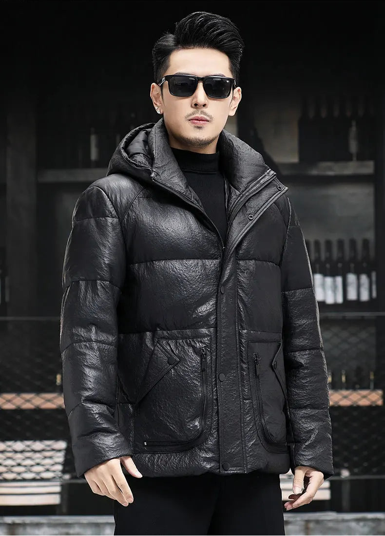 Model standing straight in the Onyx men’s compressed down jacket, full frontal view — From Borcelleclothes.