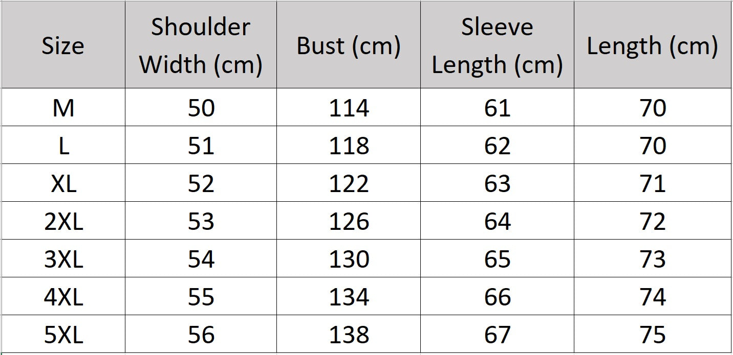 Men’s size chart for a compressed sheepskin down jacket in Onyx, with curved side patch pockets, decorative zippers, and sculptural collar-hood design.  —  From Borcelleclothes.