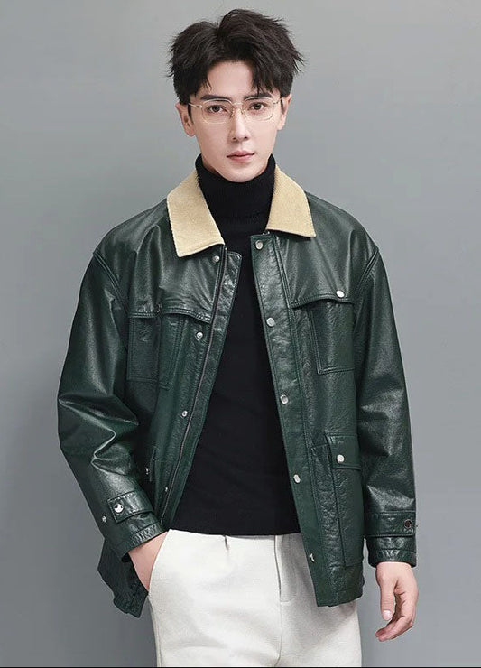 Model wearing the men’s Outer Space leather jacket with one hand in pant pocket; showcases the jacket’s clean front, structured sleeves, and relaxed fit. From Borcelleclothes.