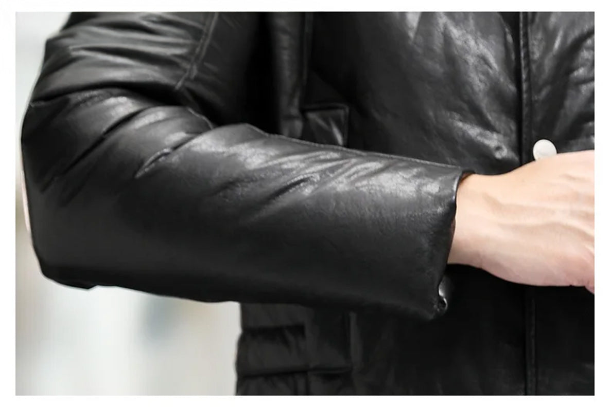 Cuff detail of the men’s cowhide coat with cargo pockets in Onyx — From Borcelleclothes.
