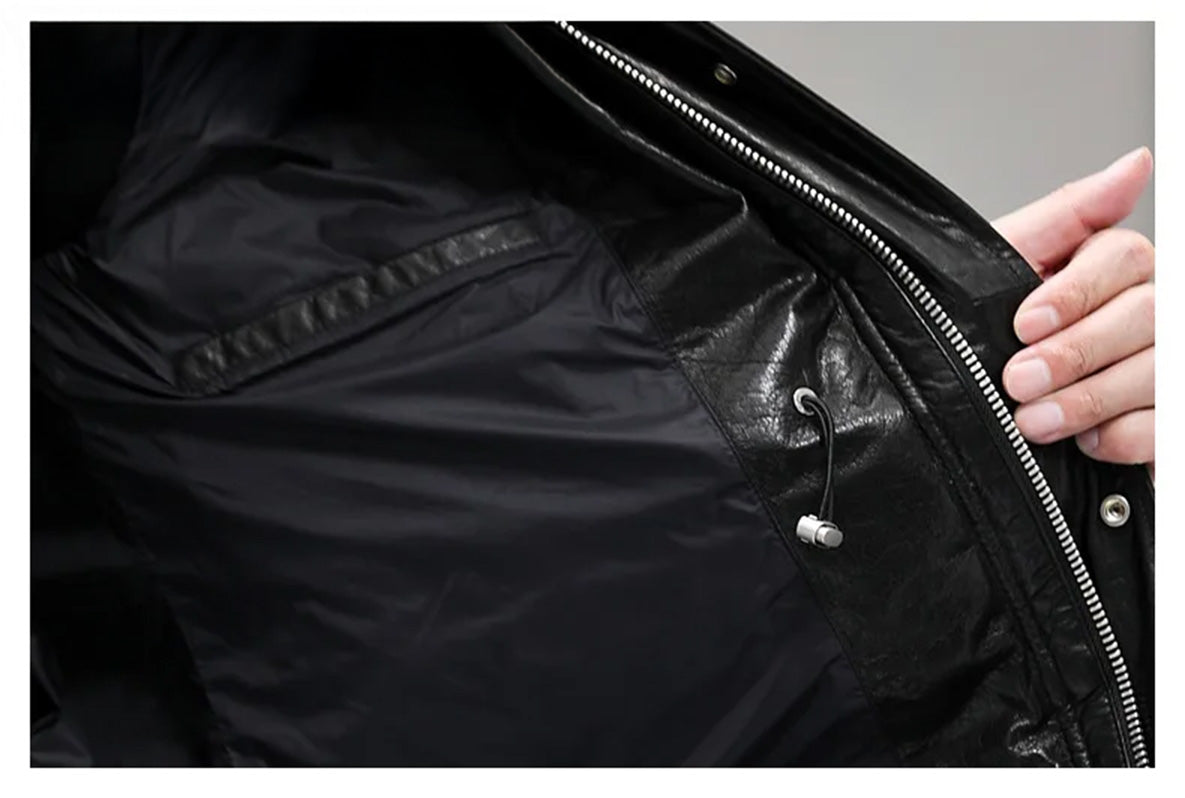 Interior single-welt pocket with locker on the men’s Onyx cowhide coat — From Borcelleclothes.