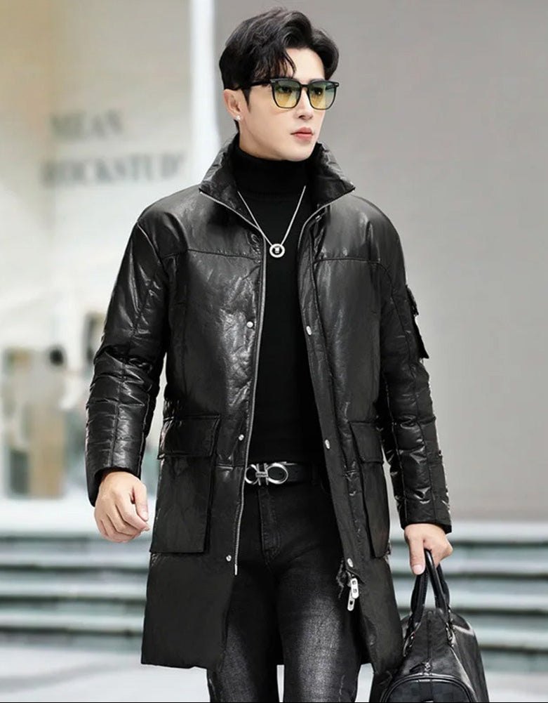 Model in motion wearing the men’s cowhide coat with cargo pockets in Onyx — From Borcelleclothes.