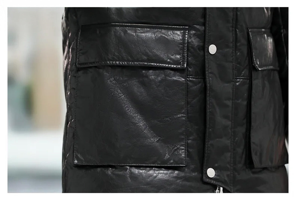 Close-up view of the extended cargo pockets on the men’s cowhide coat in Onyx — From Borcelleclothes.