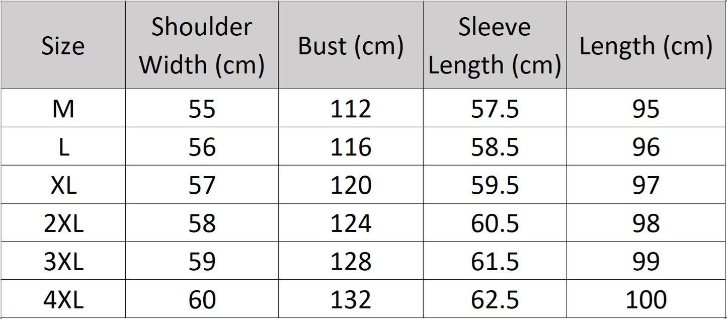 Men’s size chart for a structured cowhide coat in Onyx, with cargo pockets, stand collar, and two-way zipper. Goose down insulation. From Borcelleclothes.