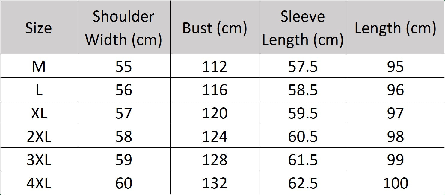 Men’s size chart for a structured cowhide coat in Onyx, with cargo pockets, stand collar, and two-way zipper. Goose down insulation. From Borcelleclothes.