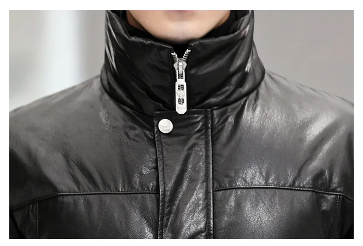 Upper section of the Onyx cowhide coat with the stand collar zipped to the top — From Borcelleclothes.