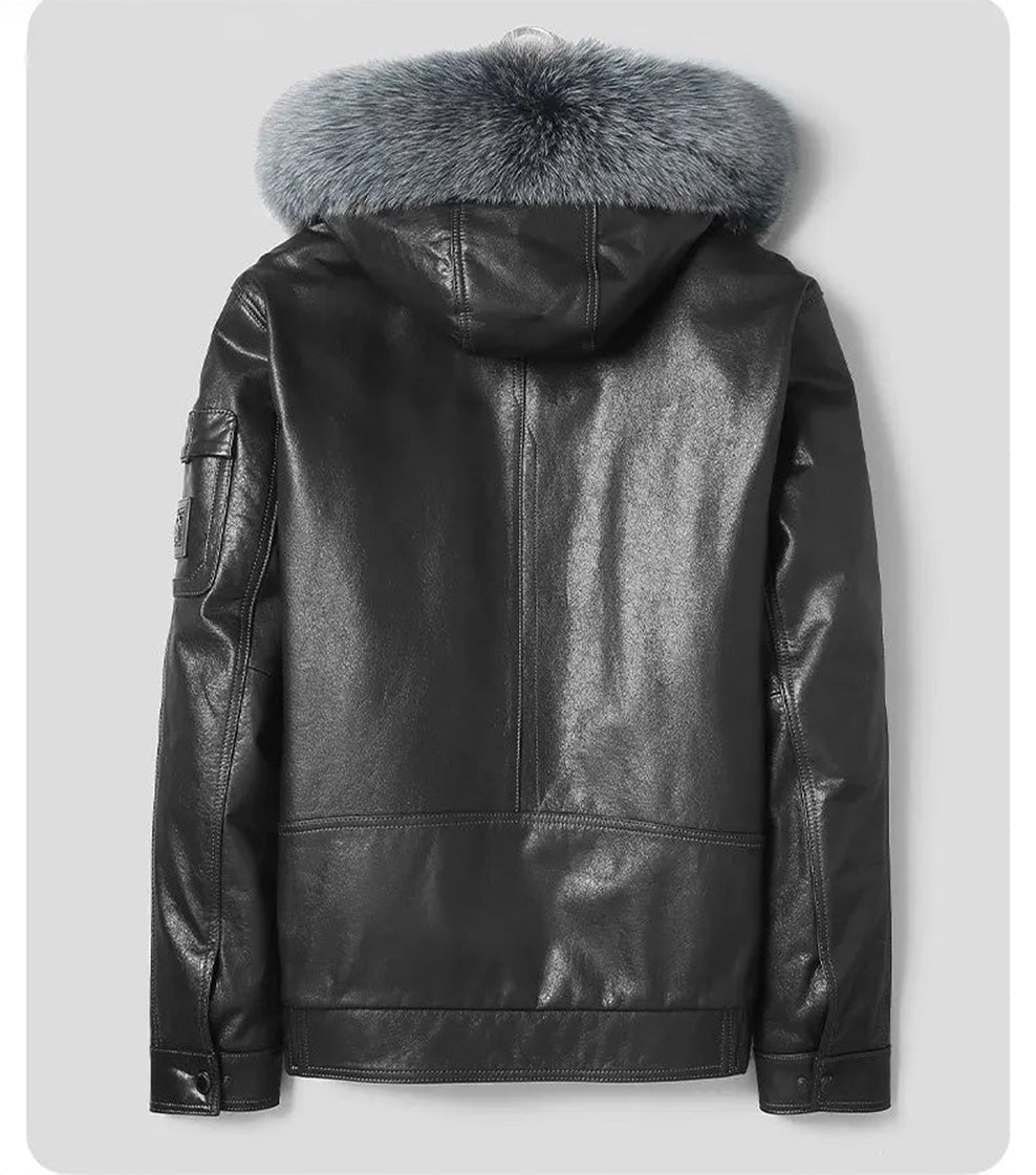 Back flat view of the Onyx cowhide coat showing clean panel construction and hip-length shape. — From Borcelleclothes.