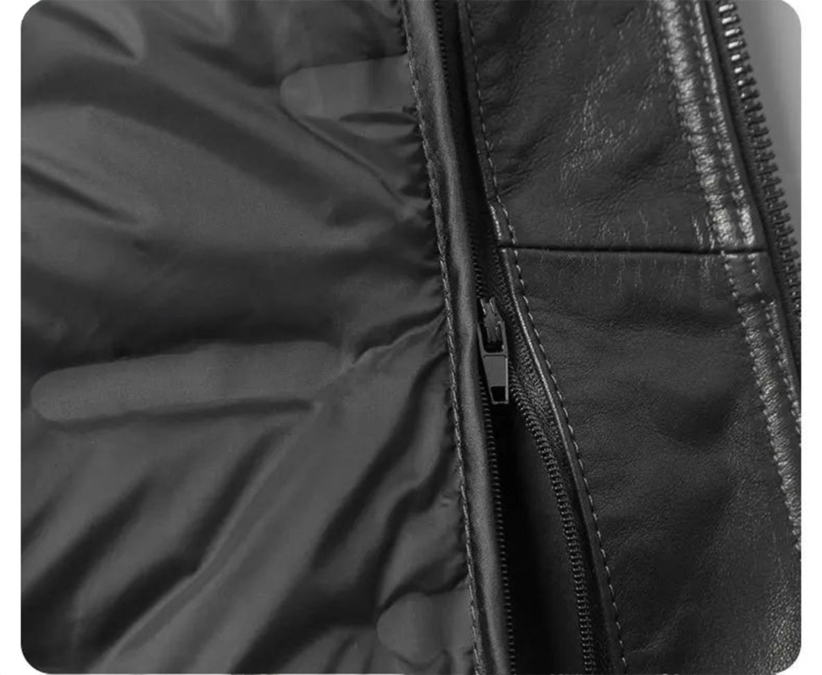 Detachable white goose down lining for the Onyx cowhide coat. — From Borcelleclothes.