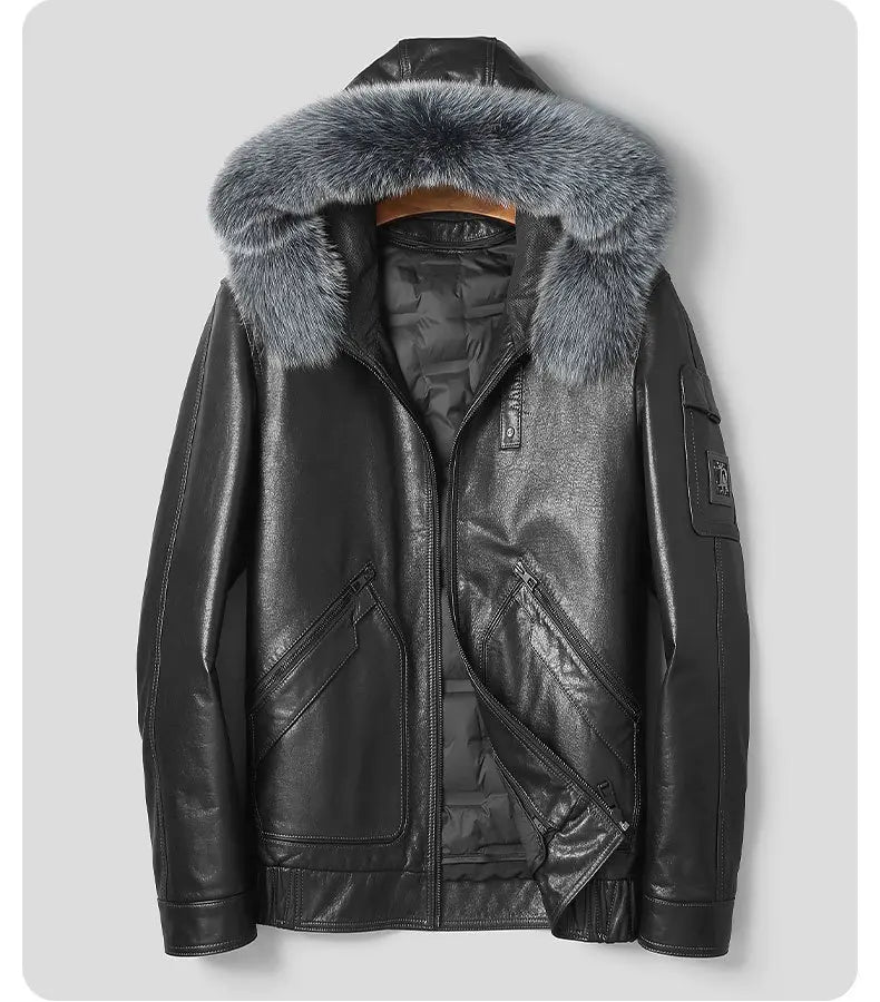 Front flat view of the Onyx cowhide coat with curved piped patch pockets and front zip closure. — From Borcelleclothes.