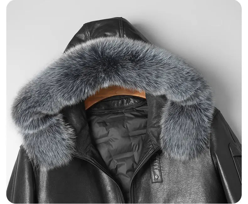 Close-up of the hood with detachable fox fur trim on the Onyx cowhide coat. — From Borcelleclothes.