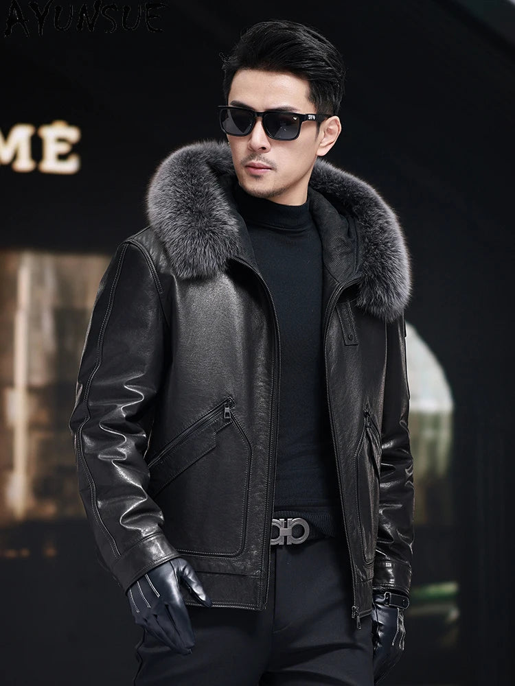 Model in motion wearing an Onyx cowhide coat with fox fur hood trim and piped curved patch pockets. — From Borcelleclothes.