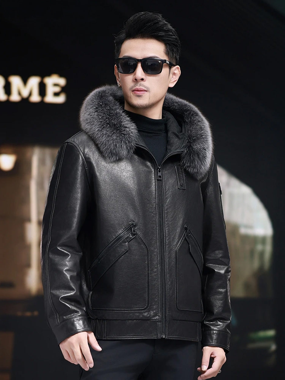 Model standing straight in hip-length Onyx cowhide coat with piping detail and banded hem. — From Borcelleclothes.