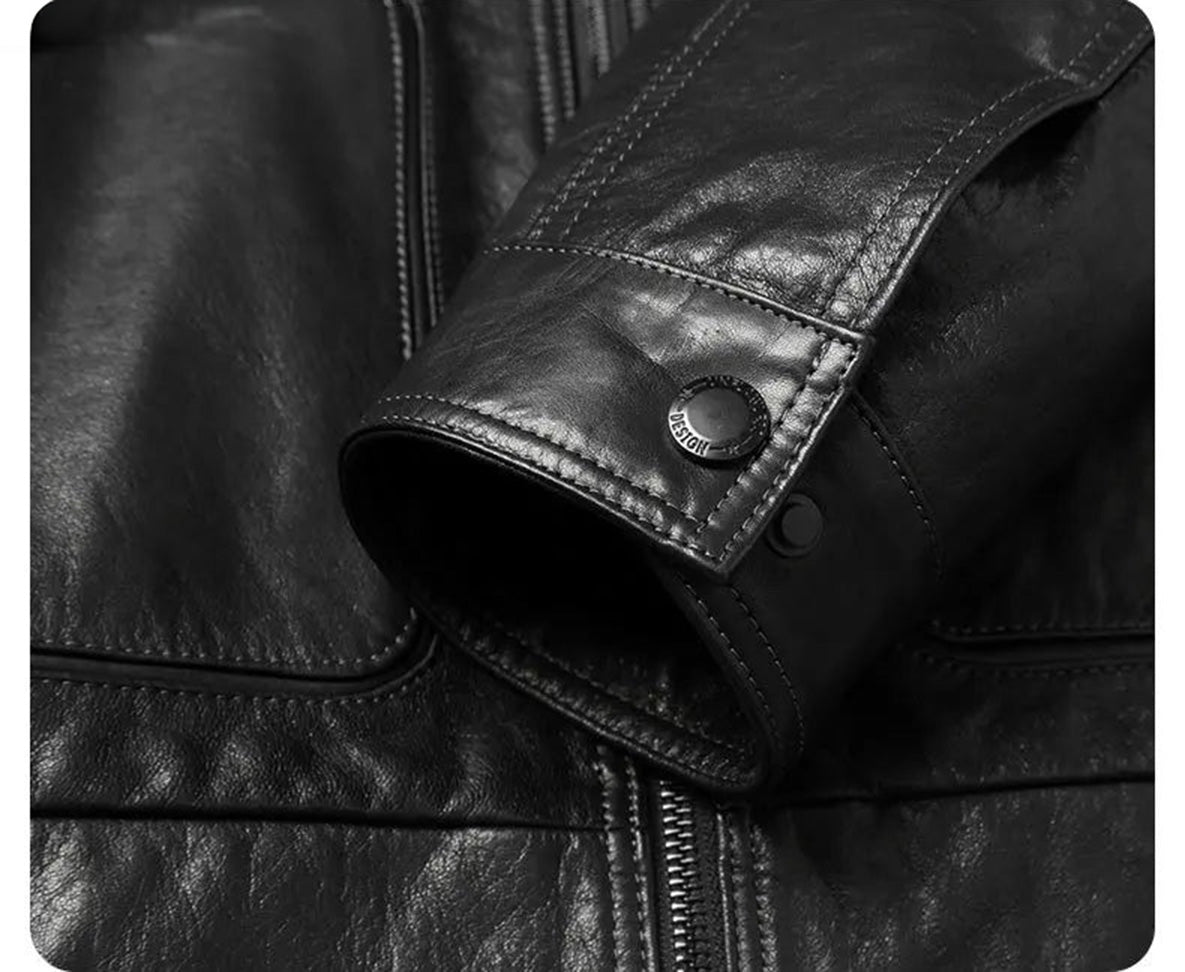 Snap cuff and sleeve opening detail on the Onyx cowhide coat’s long sleeve. — From Borcelleclothes.